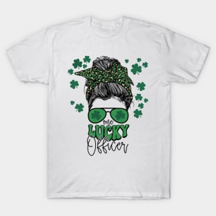 One Lucky OfficerCute St Patricks Day Messy Bun Mom T-Shirt